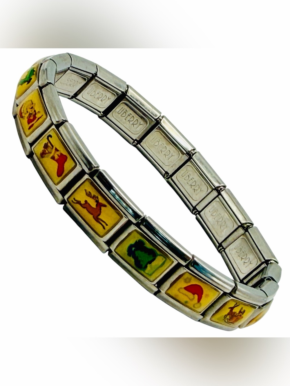 Uberry Silver-Tone Italian Charm Modular Bracelet Enamel Holiday Links 90s Y2K